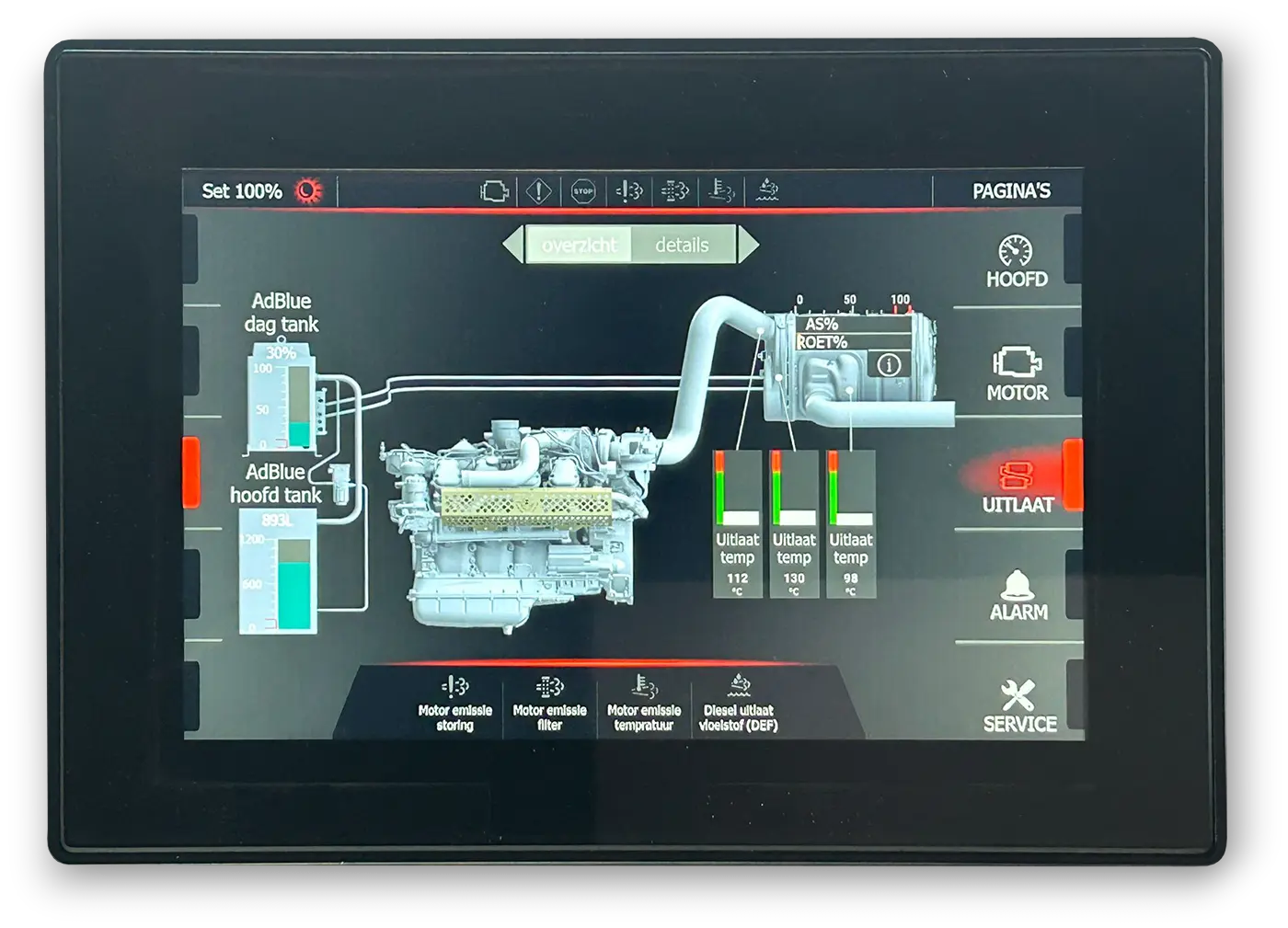 motormanagement en emissiemonitoringsscherm van een Stage V dieselmotor
